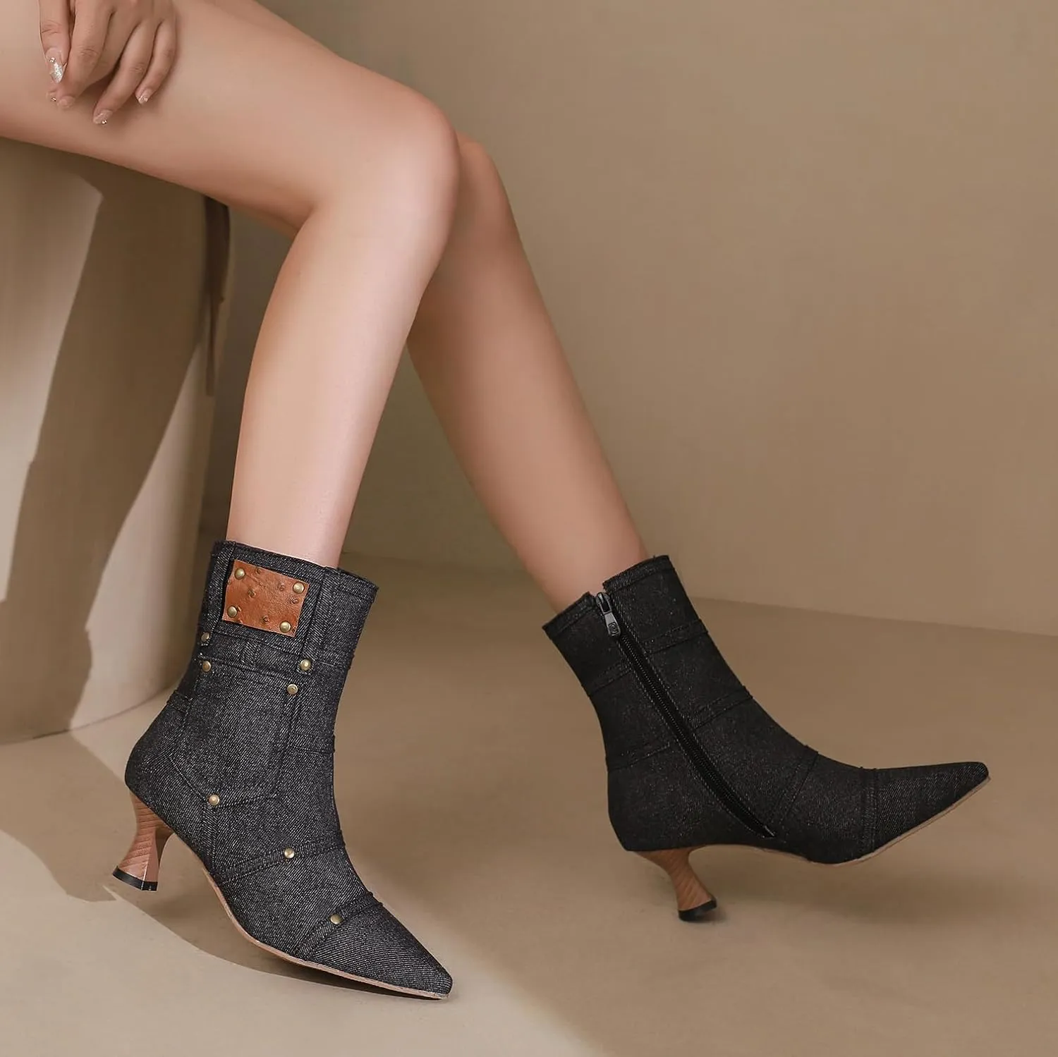 BEAUPAS Women's Denim Kitten Heel Boots Pointed Toe Low Heel Ankle Boots Chunky Vintage Zip Shoes