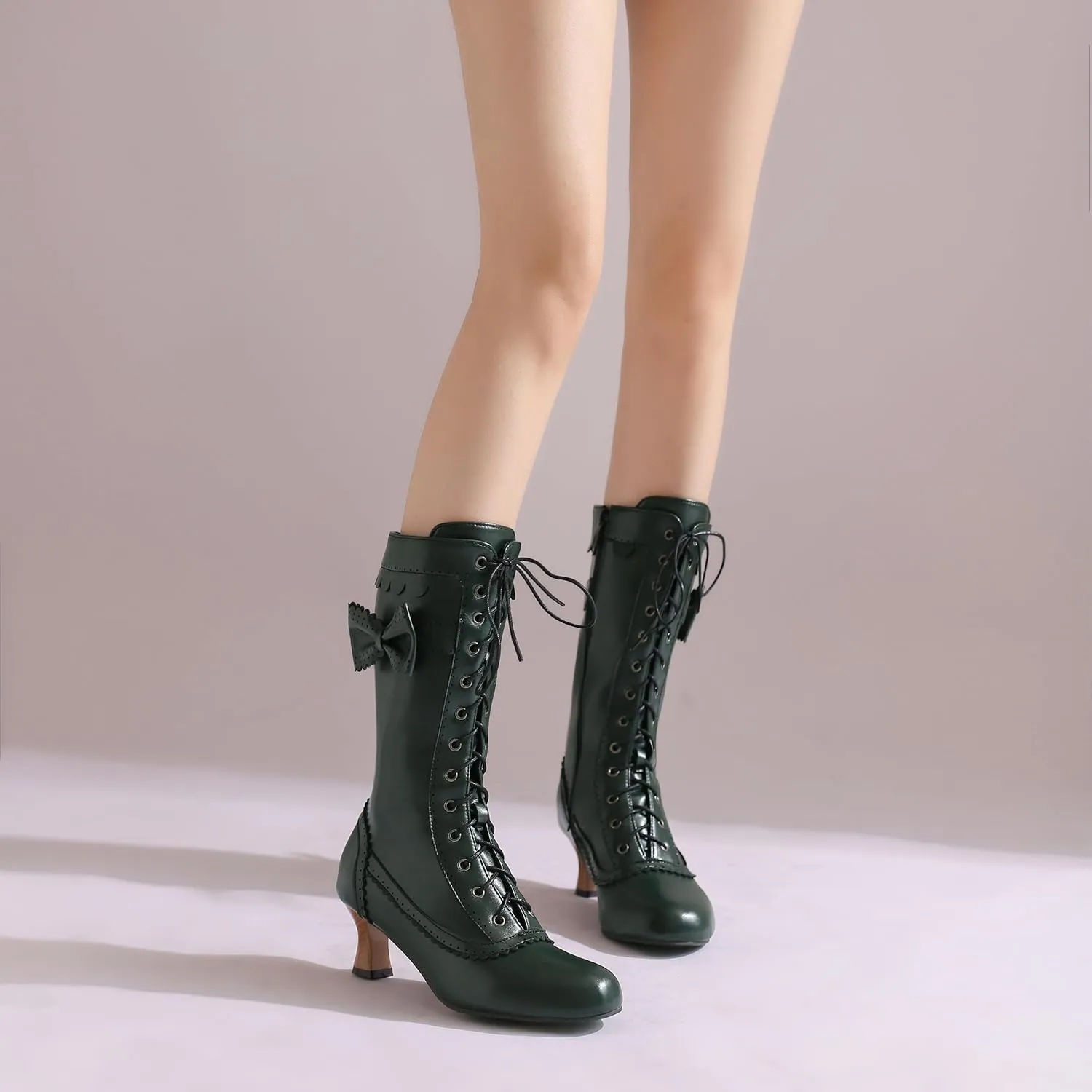 BEAUPAS Women's Mid Calf Boots Victorian Boots Lace Up Chunky Kitten Heel Round Toe Boots Vintage Low High Heels Goth Wedding Dress Granny Boots Zipper Sweet Bow Kawaii Boots