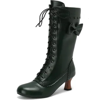 BEAUPAS Women's Mid Calf Boots Victorian Boots Lace Up Chunky Kitten Heel Round Toe Boots Vintage Low High Heels Goth Wedding Dress Granny Boots Zipper Sweet Bow Kawaii Boots