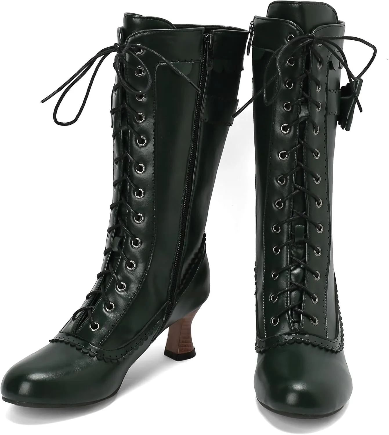 BEAUPAS Women's Mid Calf Boots Victorian Boots Lace Up Chunky Kitten Heel Round Toe Boots Vintage Low High Heels Goth Wedding Dress Granny Boots Zipper Sweet Bow Kawaii Boots