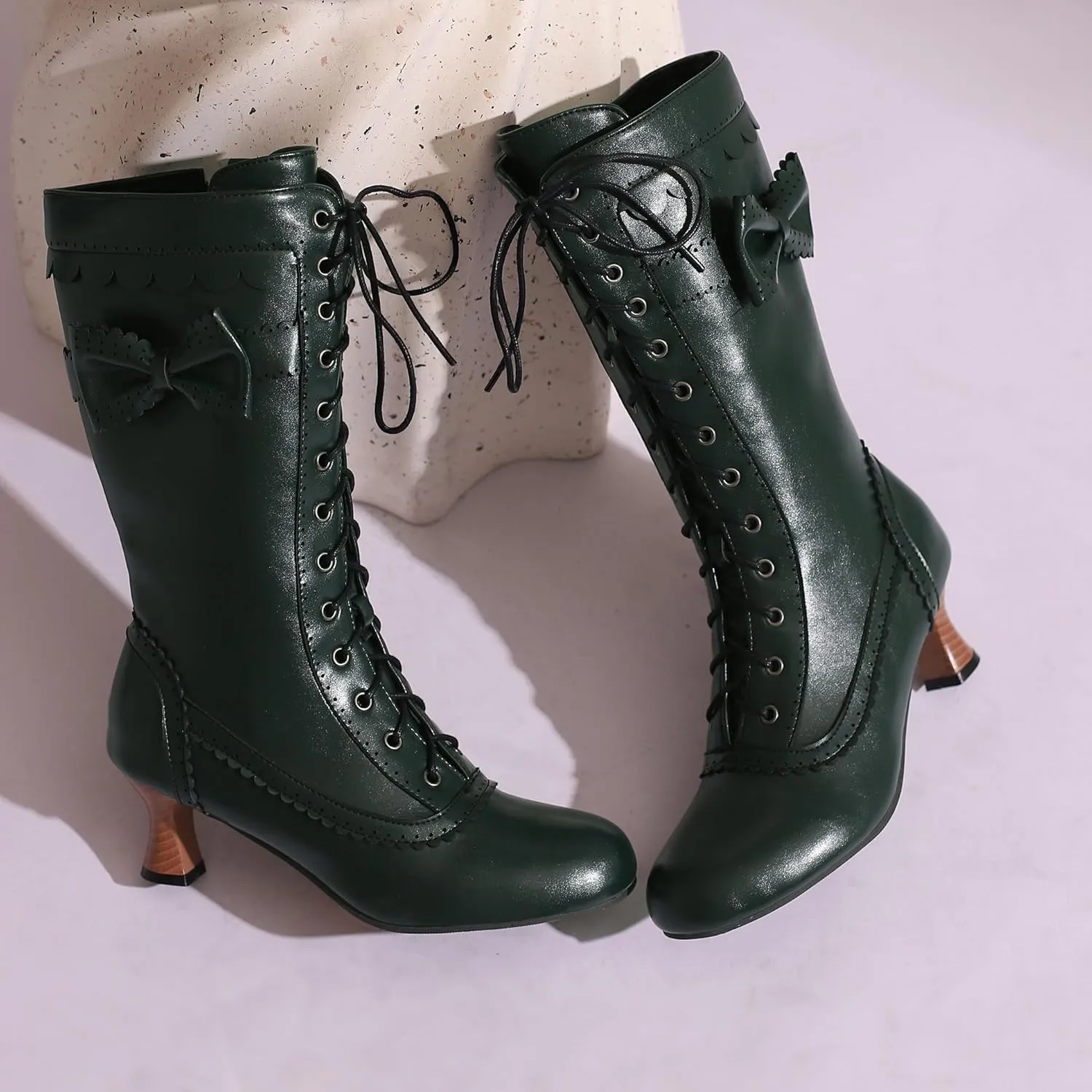 BEAUPAS Women's Mid Calf Boots Victorian Boots Lace Up Chunky Kitten Heel Round Toe Boots Vintage Low High Heels Goth Wedding Dress Granny Boots Zipper Sweet Bow Kawaii Boots