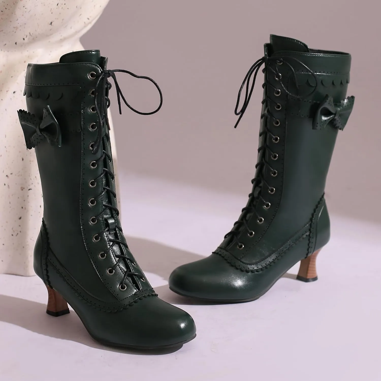 BEAUPAS Women's Mid Calf Boots Victorian Boots Lace Up Chunky Kitten Heel Round Toe Boots Vintage Low High Heels Goth Wedding Dress Granny Boots Zipper Sweet Bow Kawaii Boots
