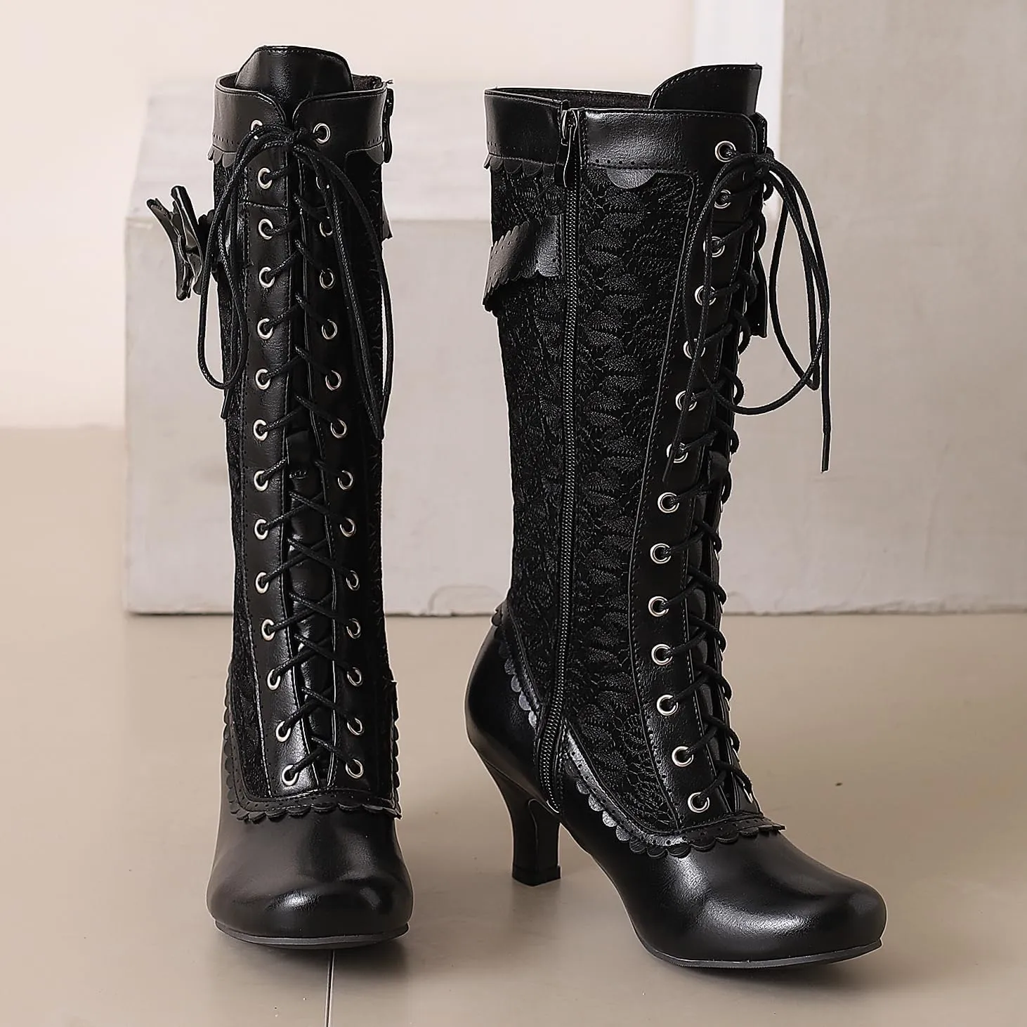 BEAUPAS Women's Victorian Lace Up Boots Kitten Heels Mid Calf Boots Chunky Low High Heels Bow Granny Boots Round Toe Zip Mesh Gothic Shoes