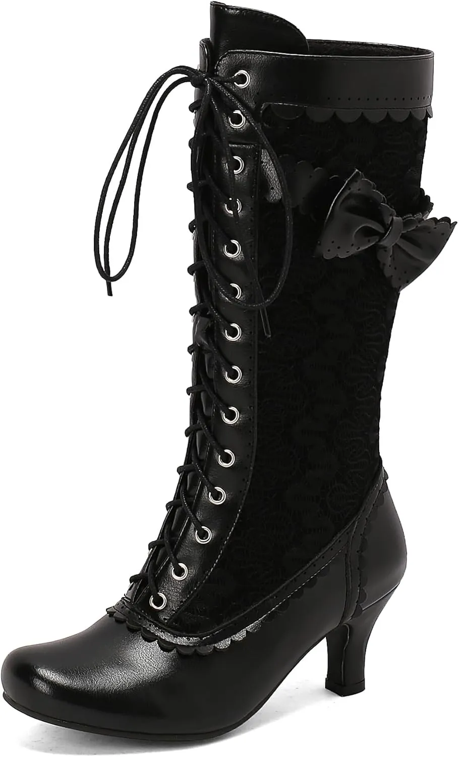 BEAUPAS Women's Victorian Lace Up Boots Kitten Heels Mid Calf Boots Chunky Low High Heels Bow Granny Boots Round Toe Zip Mesh Gothic Shoes
