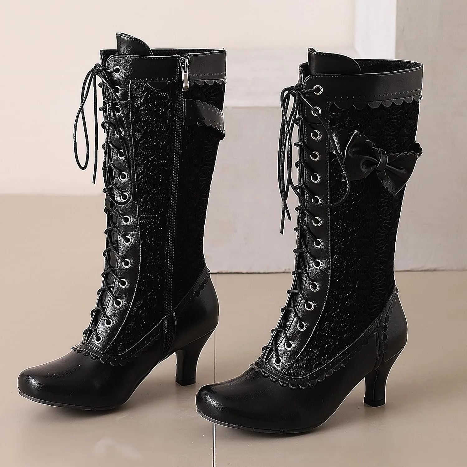 BEAUPAS Women's Victorian Lace Up Boots Kitten Heels Mid Calf Boots Chunky Low High Heels Bow Granny Boots Round Toe Zip Mesh Gothic Shoes