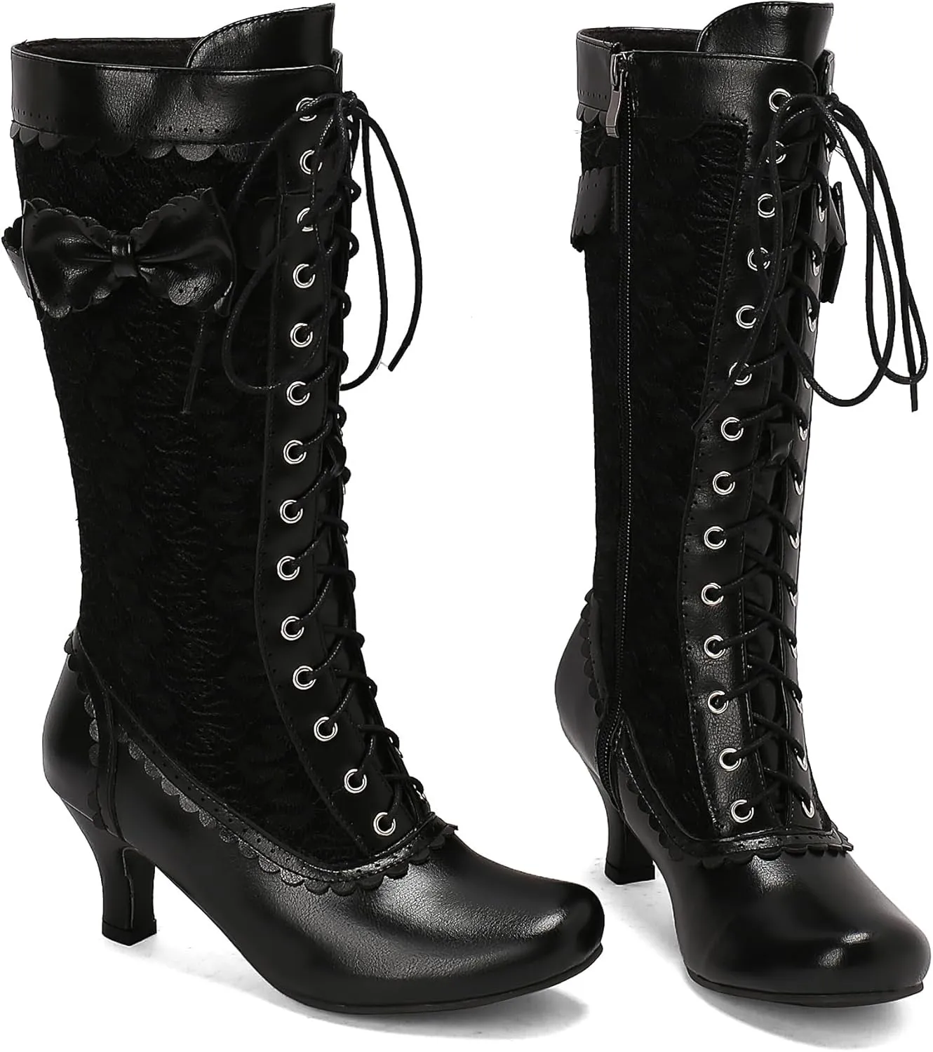 BEAUPAS Women's Victorian Lace Up Boots Kitten Heels Mid Calf Boots Chunky Low High Heels Bow Granny Boots Round Toe Zip Mesh Gothic Shoes