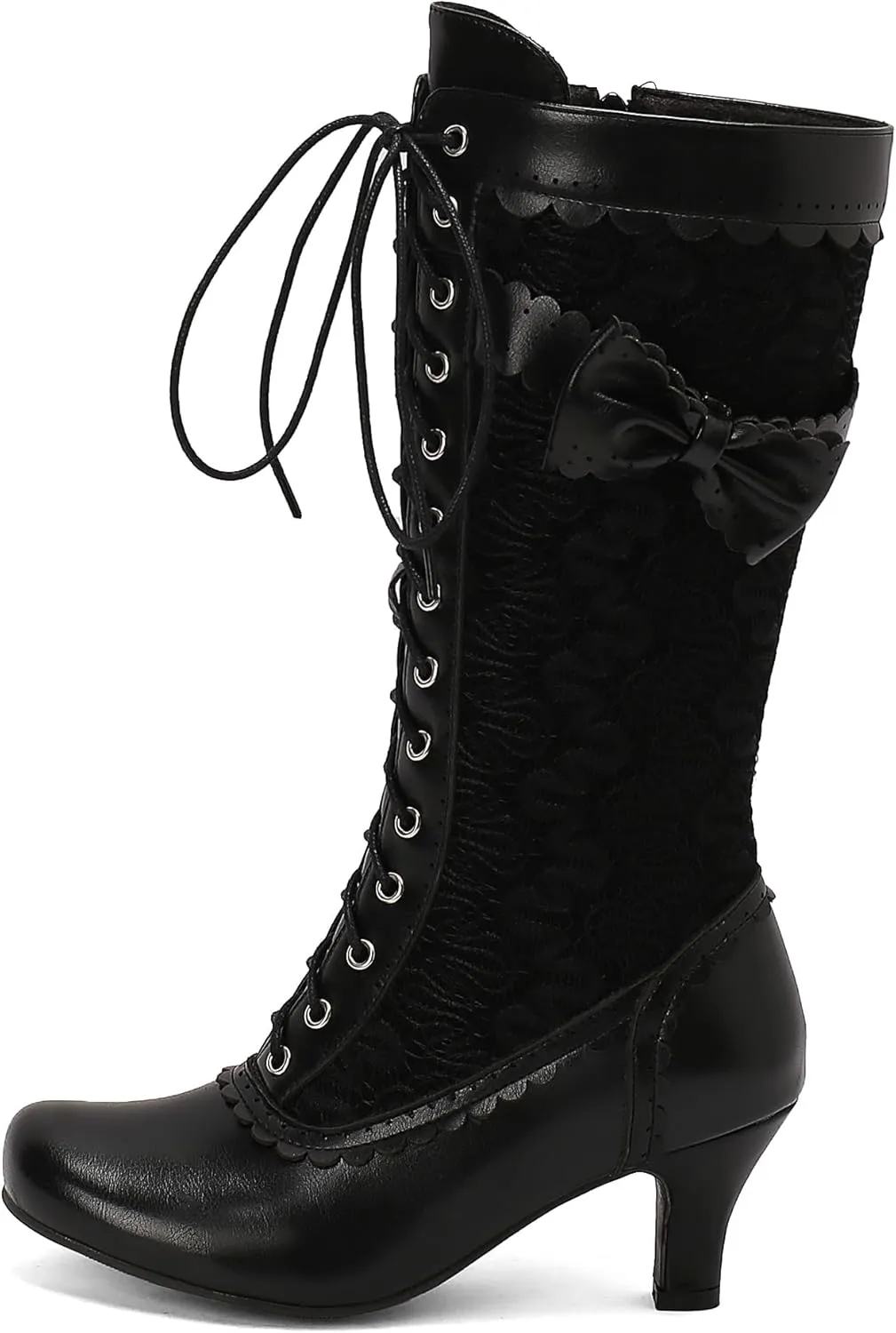BEAUPAS Women's Victorian Lace Up Boots Kitten Heels Mid Calf Boots Chunky Low High Heels Bow Granny Boots Round Toe Zip Mesh Gothic Shoes