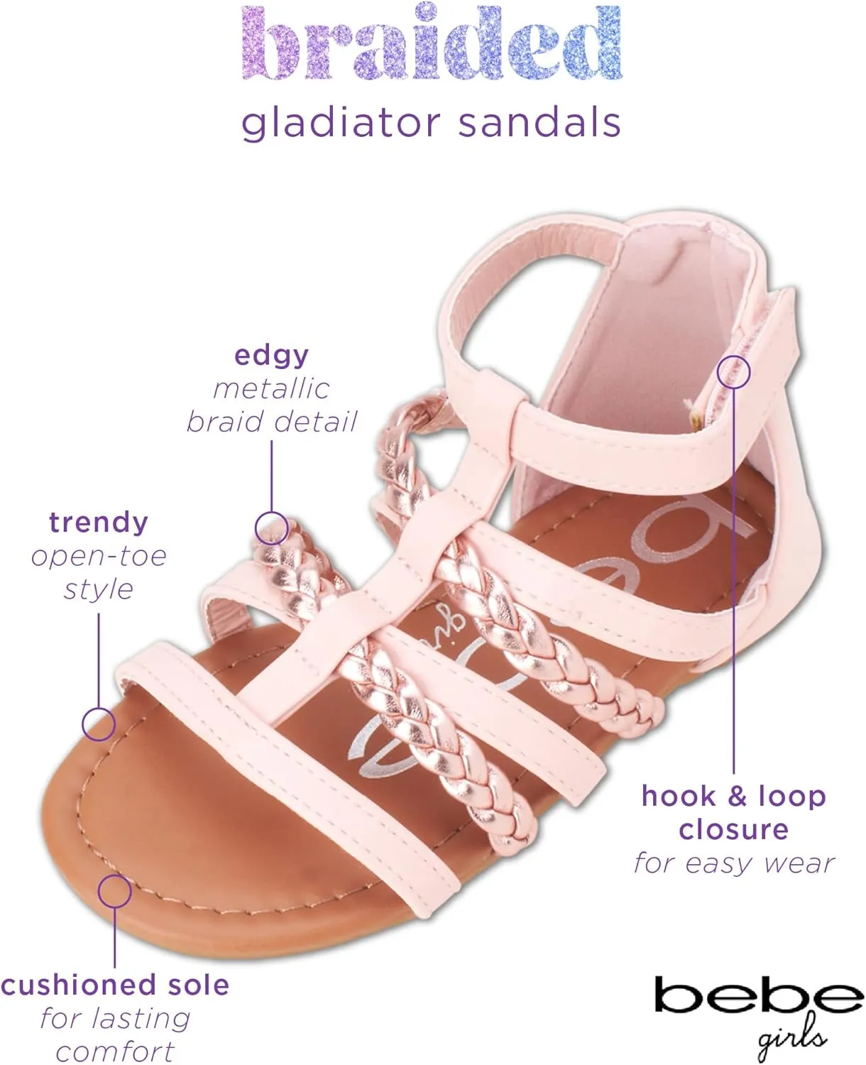 bebe Girls Sandals - Cute Open Toe Braided Strappy Gladiator Summer Sandals, Flower Girl Dress Shoes for Easter Beach Party