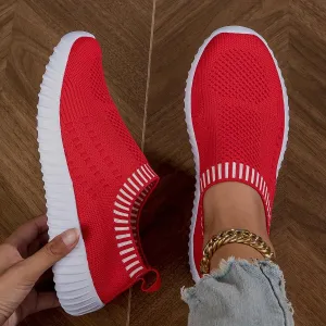 Big Size Breathable Knit Sneakers - Lightweight Solid Color Women's Casual Lace Up Outdoor Shoes