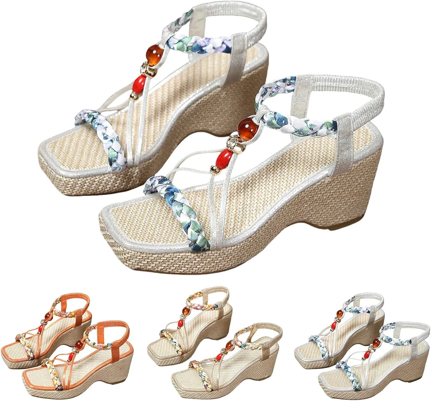 Bohemian Wedge Sandals for Women Low Heel Espadrilles Orthopedic Sandals with Arch Support Elastic Ankle Strap Boho Dress Shoes