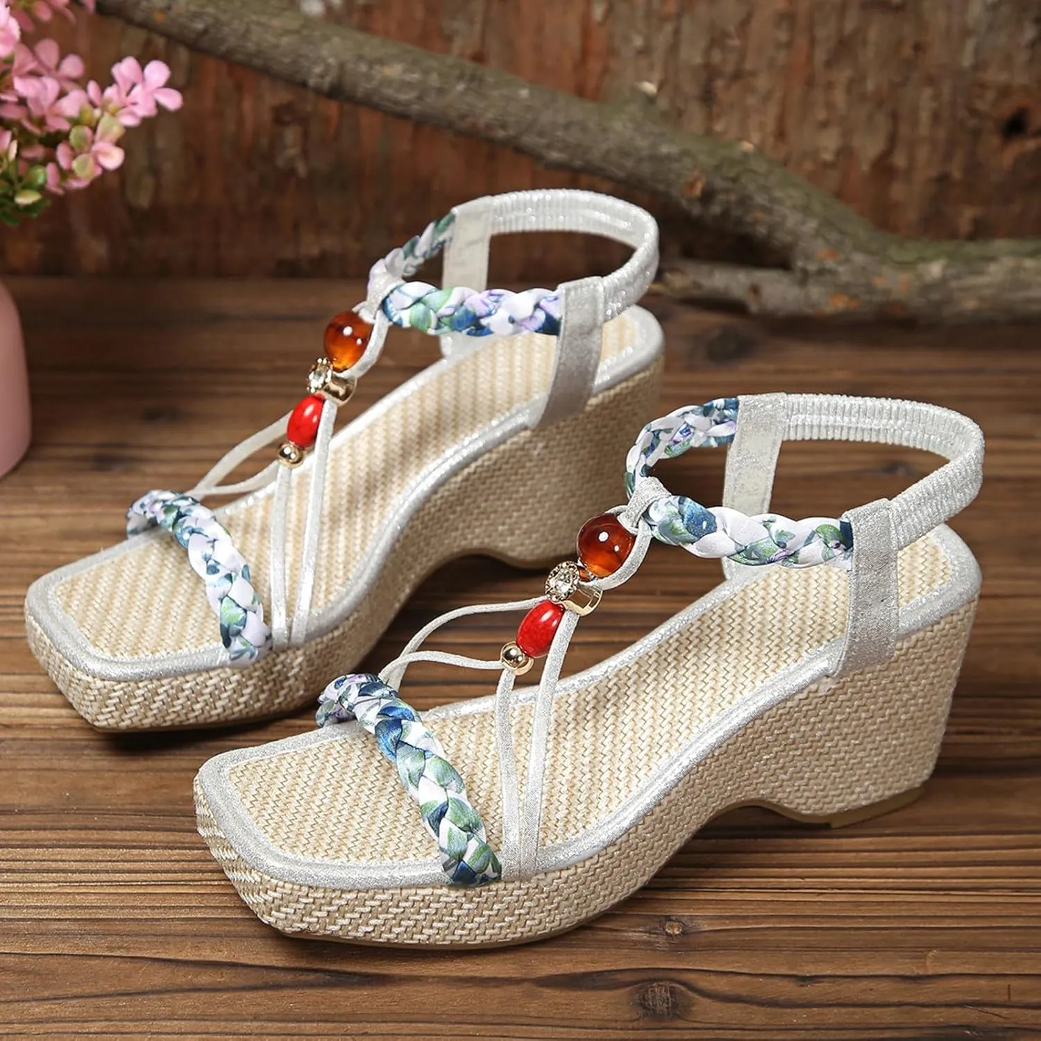 Bohemian Wedge Sandals for Women Low Heel Espadrilles Orthopedic Sandals with Arch Support Elastic Ankle Strap Boho Dress Shoes