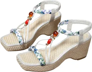 Bohemian Wedge Sandals for Women Low Heel Espadrilles Orthopedic Sandals with Arch Support Elastic Ankle Strap Boho Dress Shoes