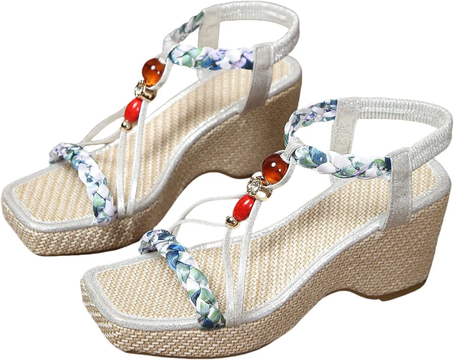 Bohemian Wedge Sandals for Women Low Heel Espadrilles Orthopedic Sandals with Arch Support Elastic Ankle Strap Boho Dress Shoes