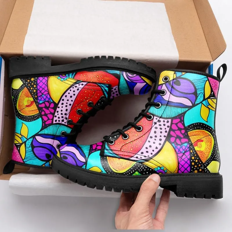 Boho High-Top Combat Boots for Women Teens Lightweight Platform Lace-Up Shoes Floral Moon Sky Casual Winter Booties