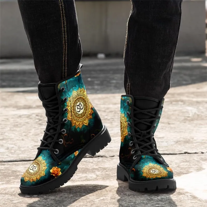 Boho High-Top Combat Boots for Women Teens Lightweight Platform Lace-Up Shoes Floral Moon Sky Casual Winter Booties