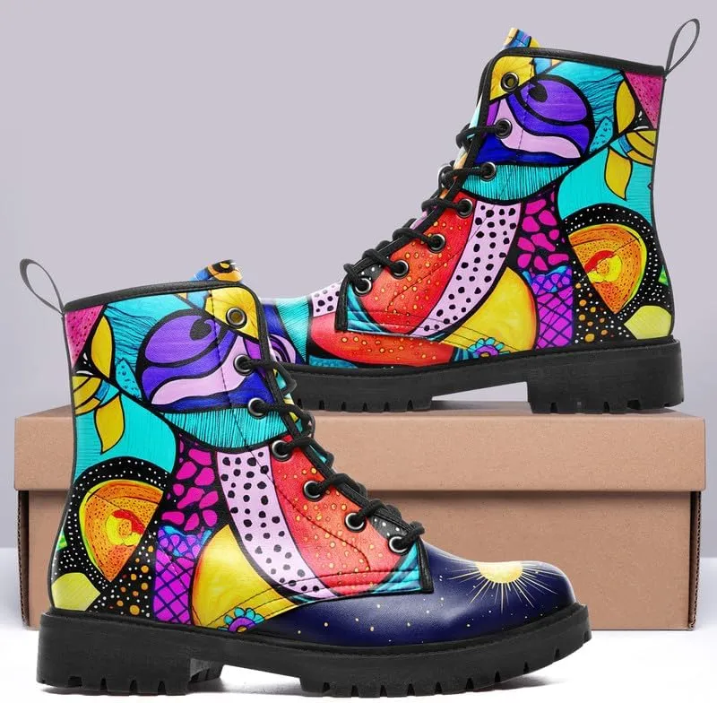 Boho High-Top Combat Boots for Women Teens Lightweight Platform Lace-Up Shoes Floral Moon Sky Casual Winter Booties