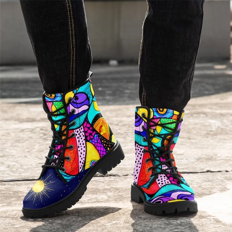 Boho High-Top Combat Boots for Women Teens Lightweight Platform Lace-Up Shoes Floral Moon Sky Casual Winter Booties