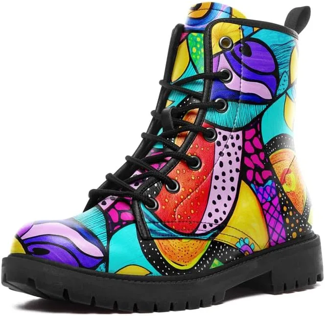 Boho High-Top Combat Boots for Women Teens Lightweight Platform Lace-Up Shoes Floral Moon Sky Casual Winter Booties
