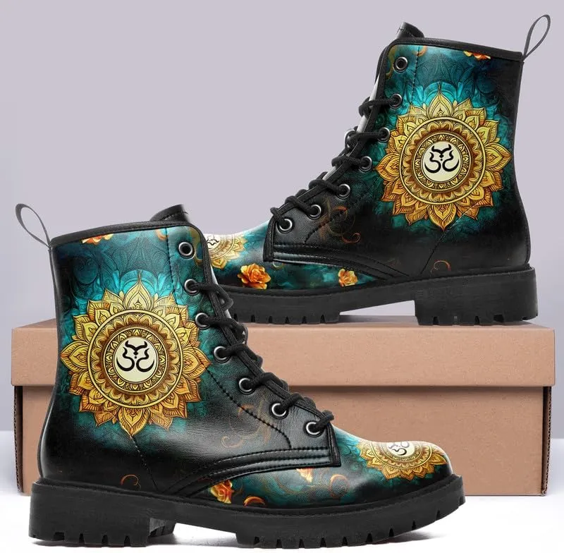 Boho High-Top Combat Boots for Women Teens Lightweight Platform Lace-Up Shoes Floral Moon Sky Casual Winter Booties