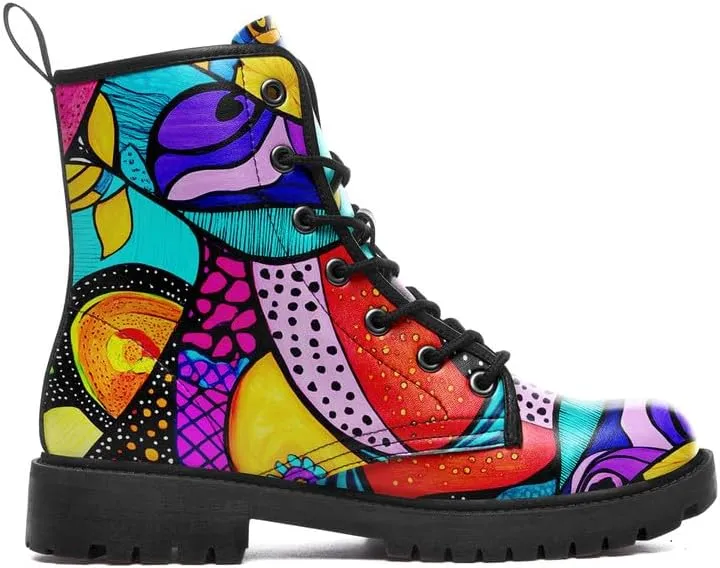 Boho High-Top Combat Boots for Women Teens Lightweight Platform Lace-Up Shoes Floral Moon Sky Casual Winter Booties
