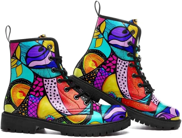 Boho High-Top Combat Boots for Women Teens Lightweight Platform Lace-Up Shoes Floral Moon Sky Casual Winter Booties
