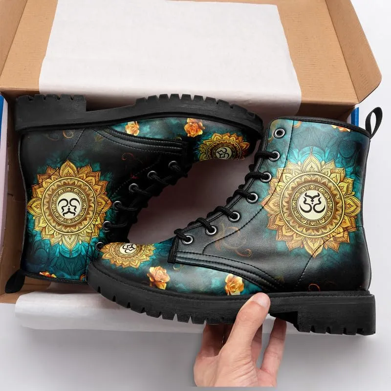 Boho High-Top Combat Boots for Women Teens Lightweight Platform Lace-Up Shoes Floral Moon Sky Casual Winter Booties