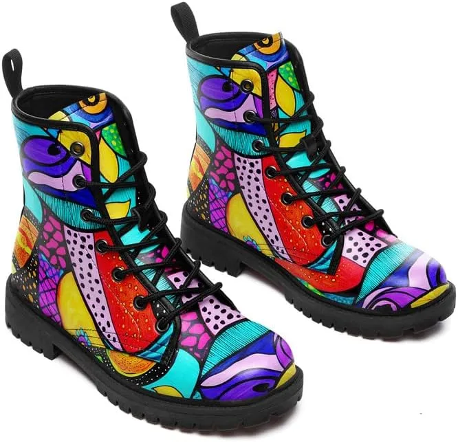 Boho High-Top Combat Boots for Women Teens Lightweight Platform Lace-Up Shoes Floral Moon Sky Casual Winter Booties