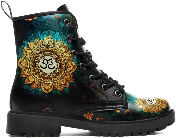Boho High-Top Combat Boots for Women Teens Lightweight Platform Lace-Up Shoes Floral Moon Sky Casual Winter Booties
