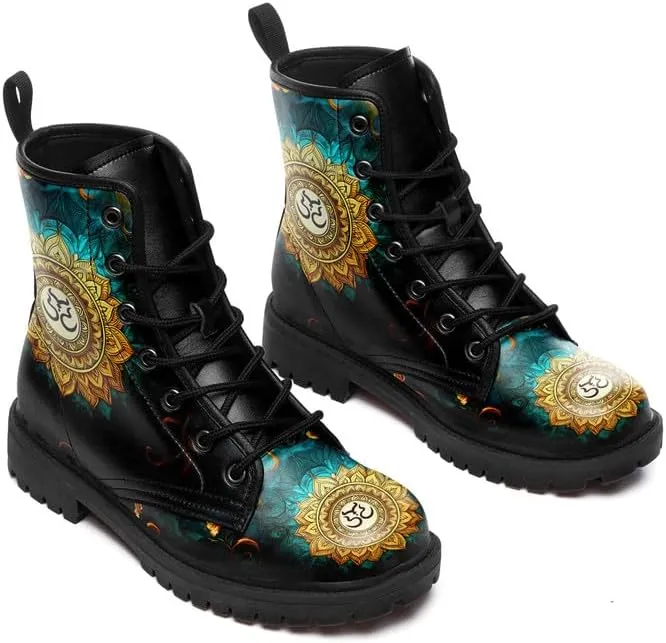 Boho High-Top Combat Boots for Women Teens Lightweight Platform Lace-Up Shoes Floral Moon Sky Casual Winter Booties