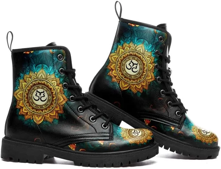 Boho High-Top Combat Boots for Women Teens Lightweight Platform Lace-Up Shoes Floral Moon Sky Casual Winter Booties