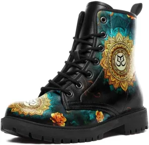Boho High-Top Combat Boots for Women Teens Lightweight Platform Lace-Up Shoes Floral Moon Sky Casual Winter Booties