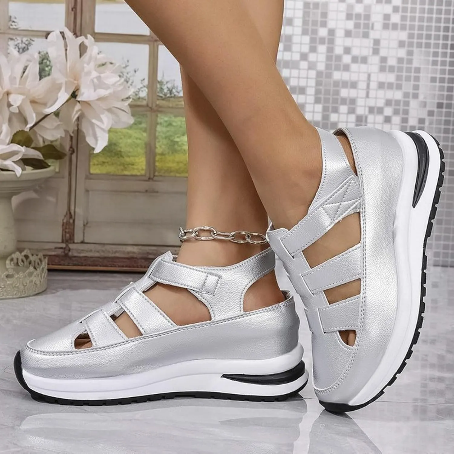 Bootara Women'S Plus Size Hollow-Out Casual Sandals, Closed Toe Platform Sandals Height-Boosting Thick Sole