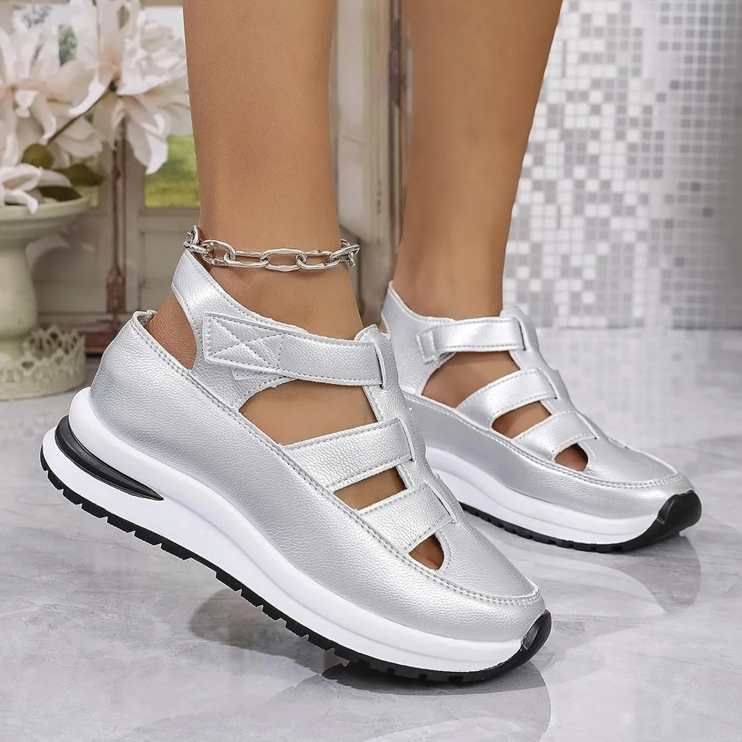 Bootara Women'S Plus Size Hollow-Out Casual Sandals, Closed Toe Platform Sandals Height-Boosting Thick Sole