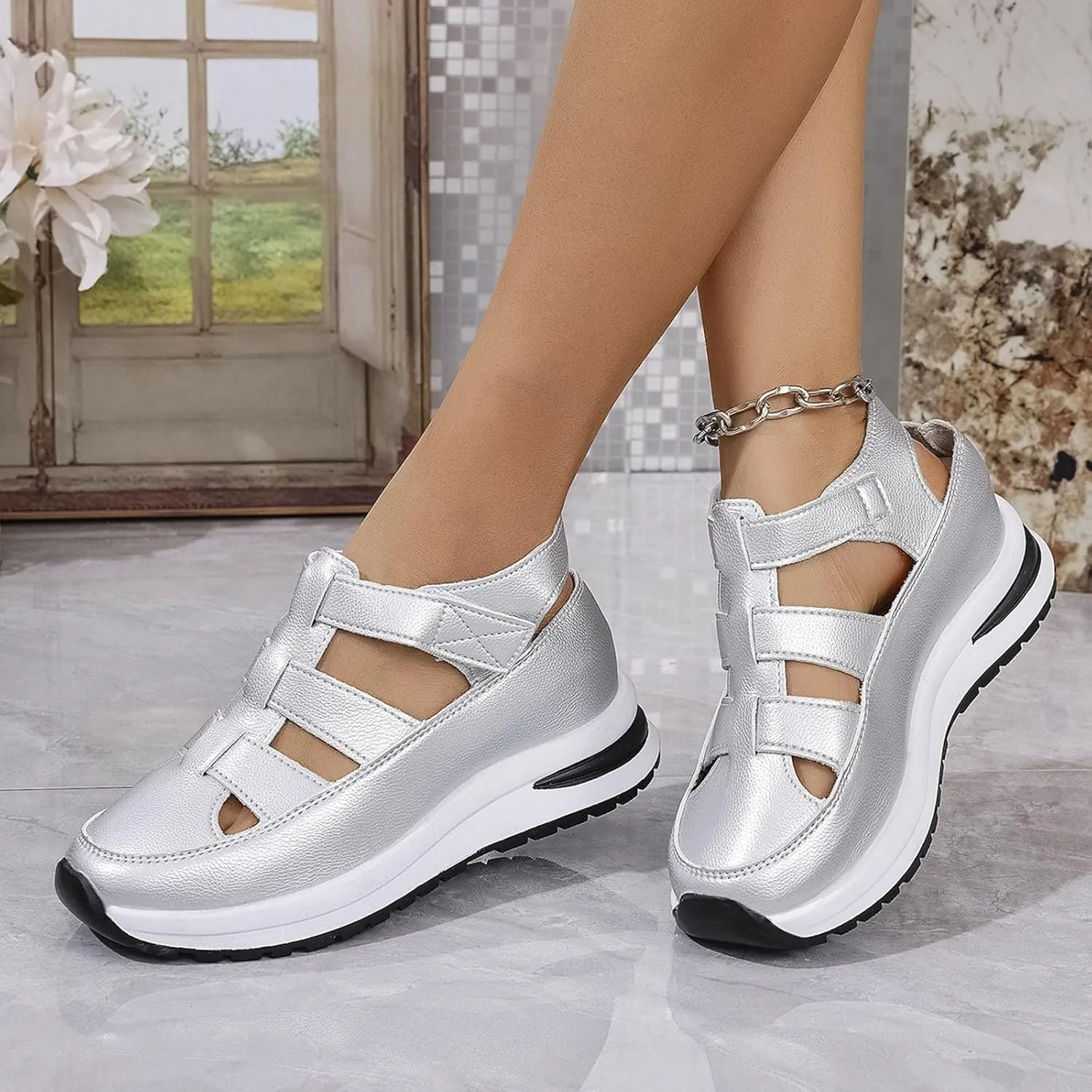 Bootara Women'S Plus Size Hollow-Out Casual Sandals, Closed Toe Platform Sandals Height-Boosting Thick Sole