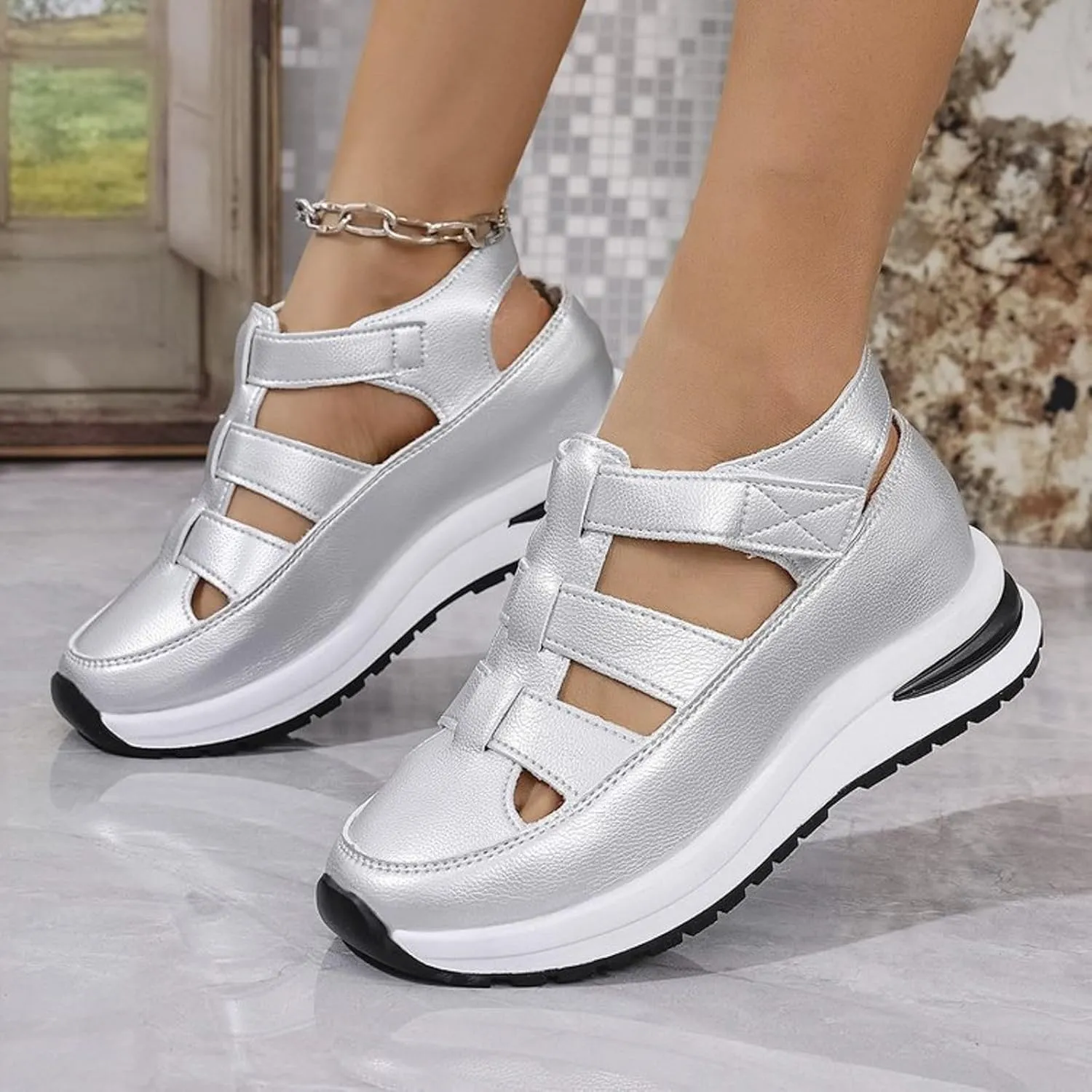 Bootara Women'S Plus Size Hollow-Out Casual Sandals, Closed Toe Platform Sandals Height-Boosting Thick Sole