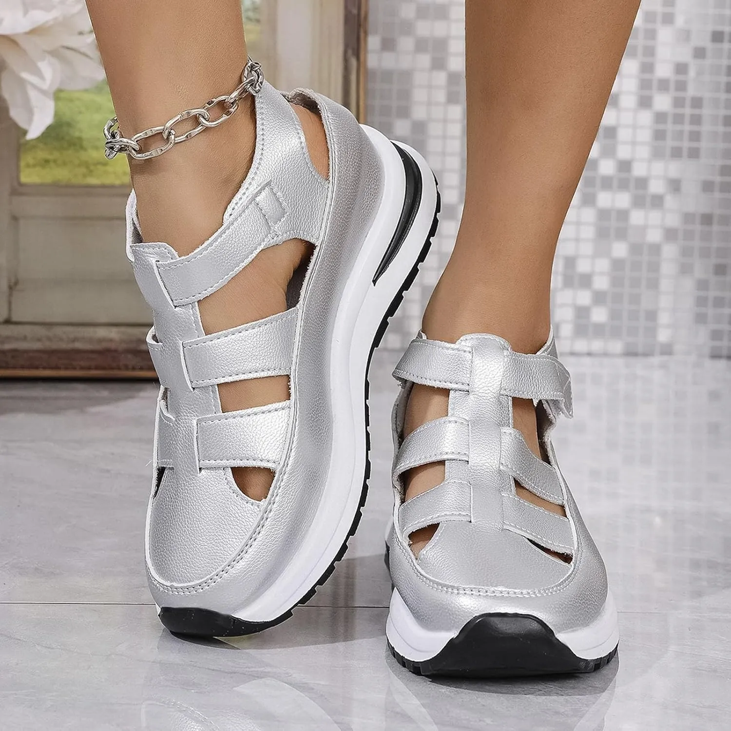 Bootara Women'S Plus Size Hollow-Out Casual Sandals, Closed Toe Platform Sandals Height-Boosting Thick Sole