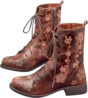 Boots for Women Printed Embroidery Boots Slipper Round Toe Chunky Heel Boots Outdoor Lace Up Mid Calf Boots