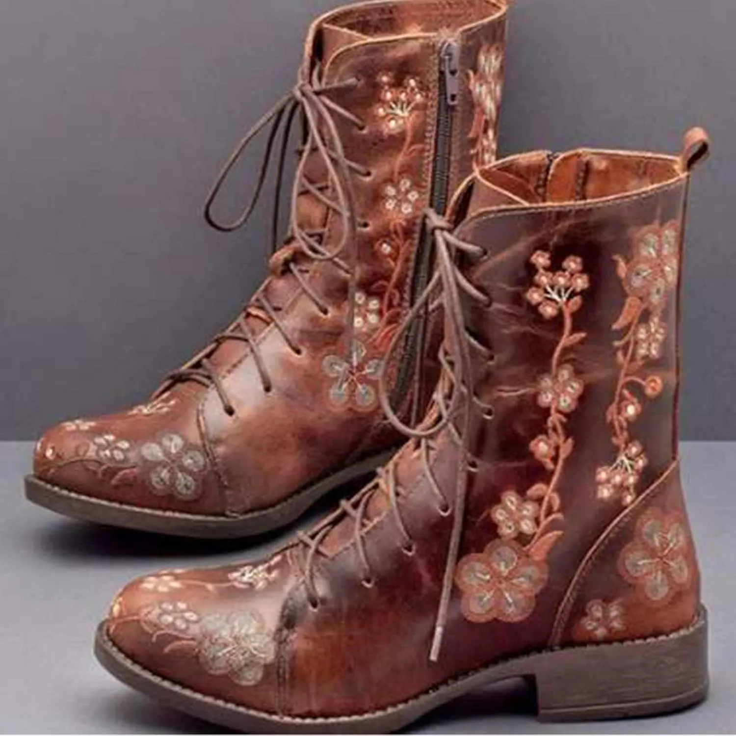 Boots for Women Printed Embroidery Boots Slipper Round Toe Chunky Heel Boots Outdoor Lace Up Mid Calf Boots