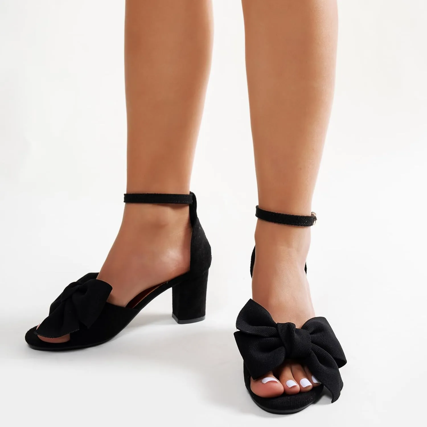 Bow Accent Block Heel Sandals, Open Toe, Ankle Strap, Black, 7 inches