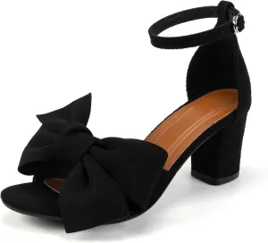 Bow Accent Block Heel Sandals, Open Toe, Ankle Strap, Black, 7 inches