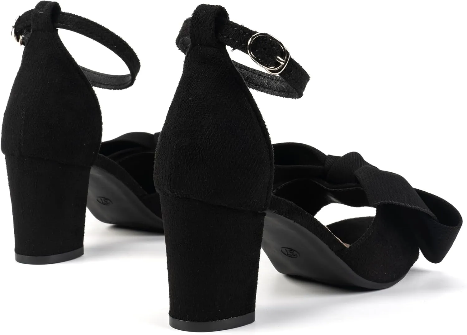 Bow Accent Block Heel Sandals, Open Toe, Ankle Strap, Black, 7 inches