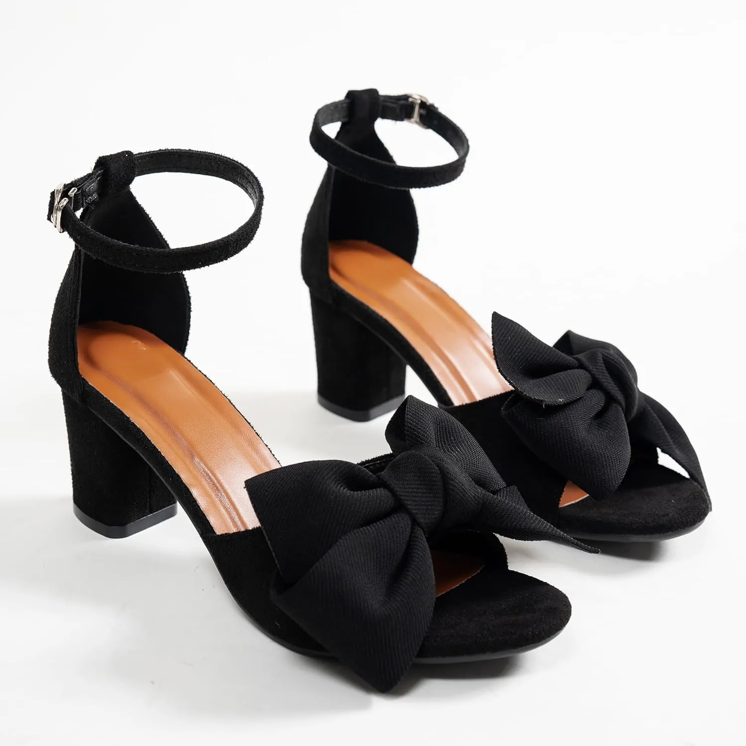 Bow Accent Block Heel Sandals, Open Toe, Ankle Strap, Black, 7 inches