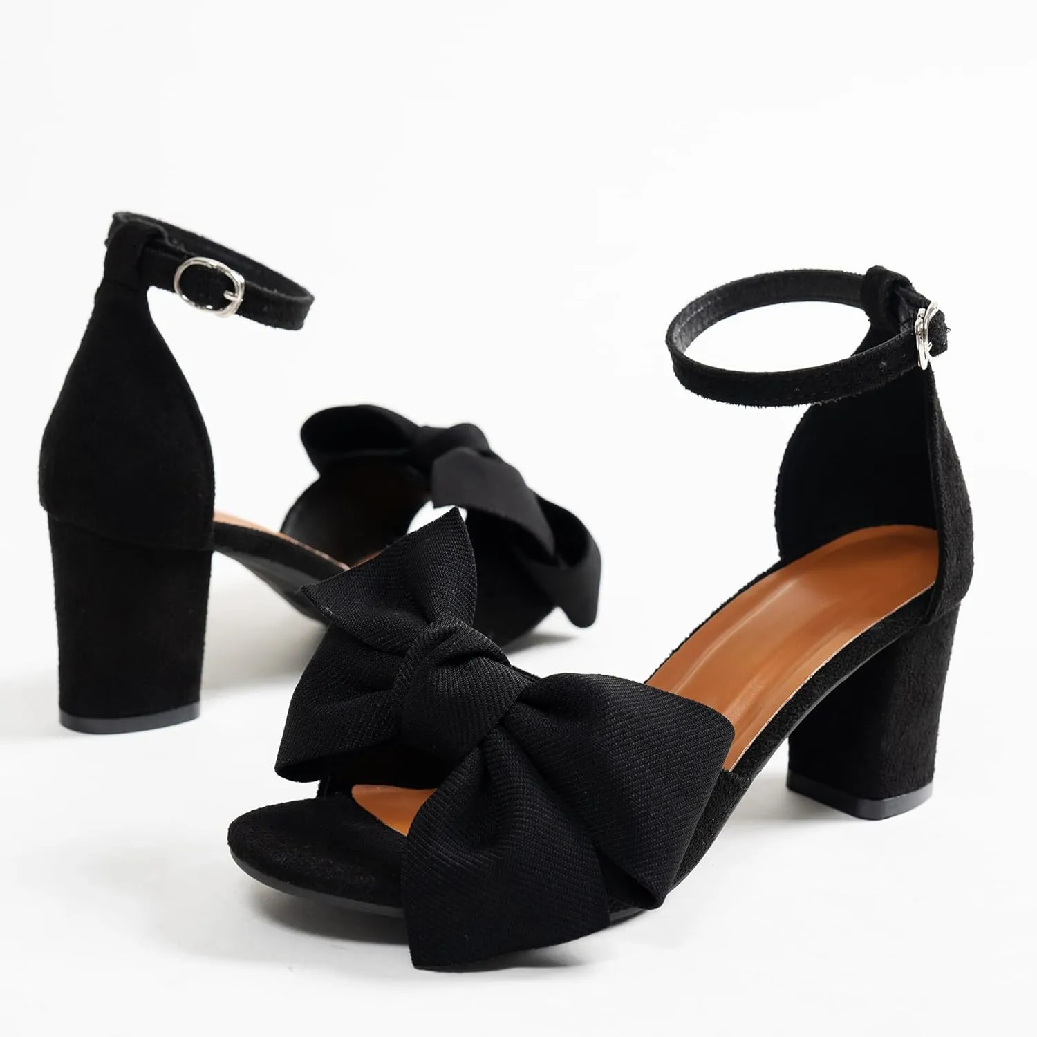 Bow Accent Block Heel Sandals, Open Toe, Ankle Strap, Black, 7 inches