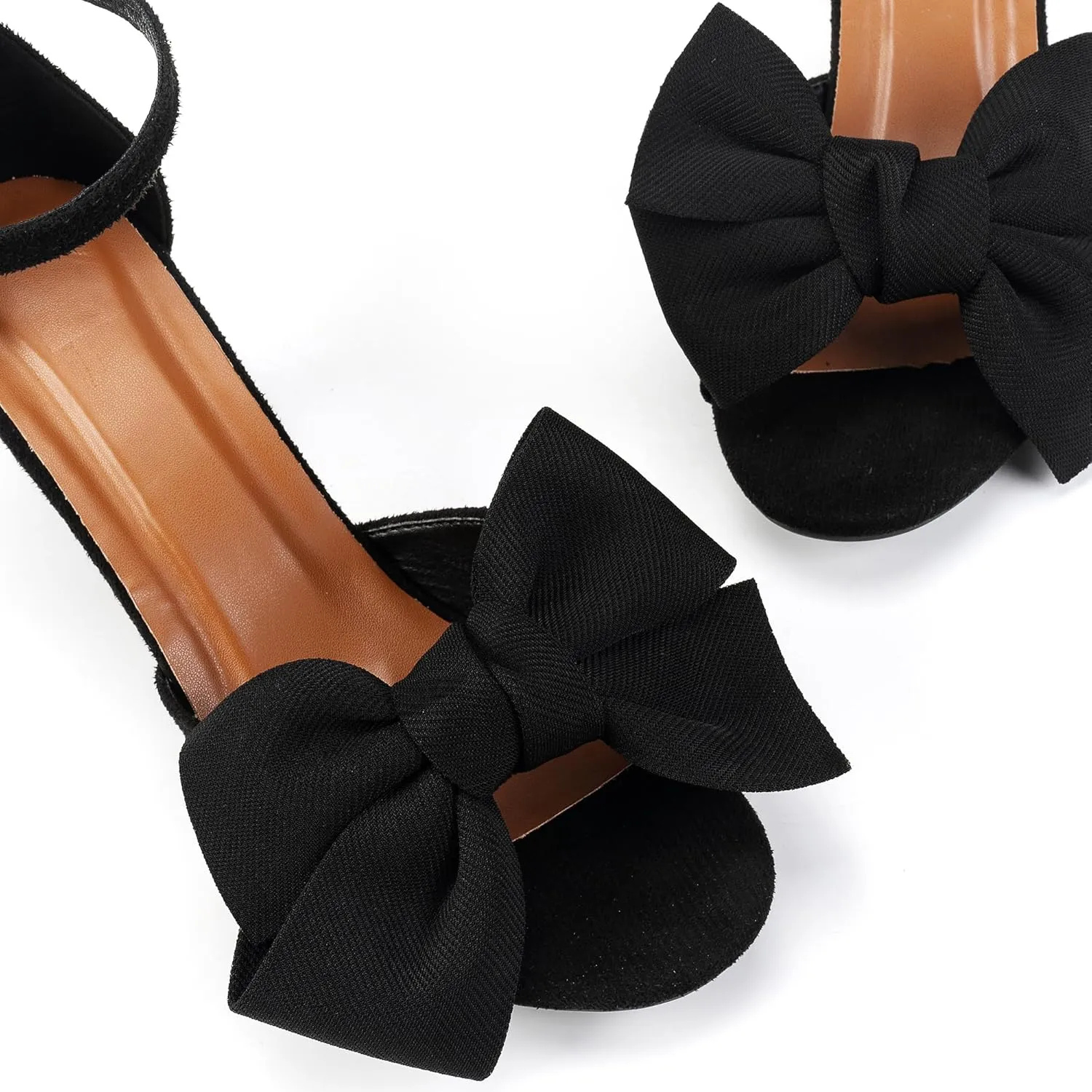 Bow Accent Block Heel Sandals, Open Toe, Ankle Strap, Black, 7 inches