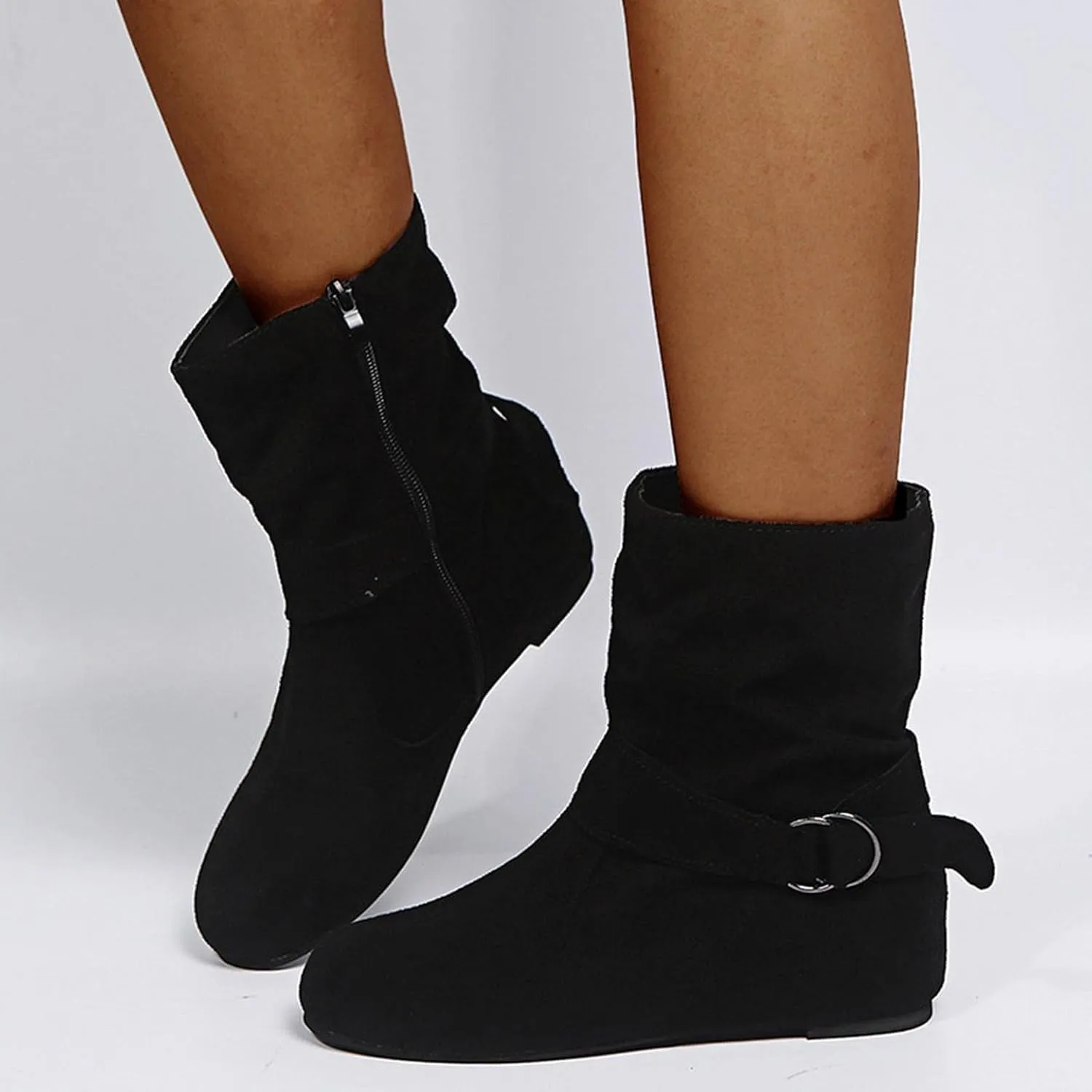 Brand Women's Casual Ankle Boots - Flat Fringe Mid Calf Low Heel Fashion Slouchy Suede Round Toe Slip On Zipper Booties for Winter Fall Dress Short Boots Comfort Outdoor Snow Boots