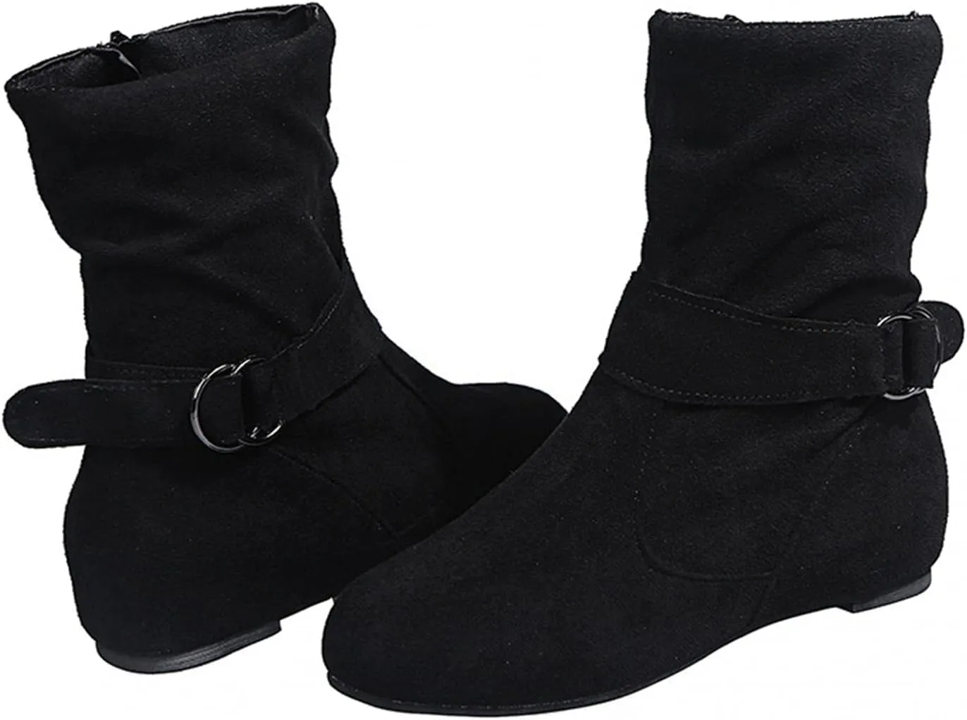 Brand Women's Casual Ankle Boots - Flat Fringe Mid Calf Low Heel Fashion Slouchy Suede Round Toe Slip On Zipper Booties for Winter Fall Dress Short Boots Comfort Outdoor Snow Boots