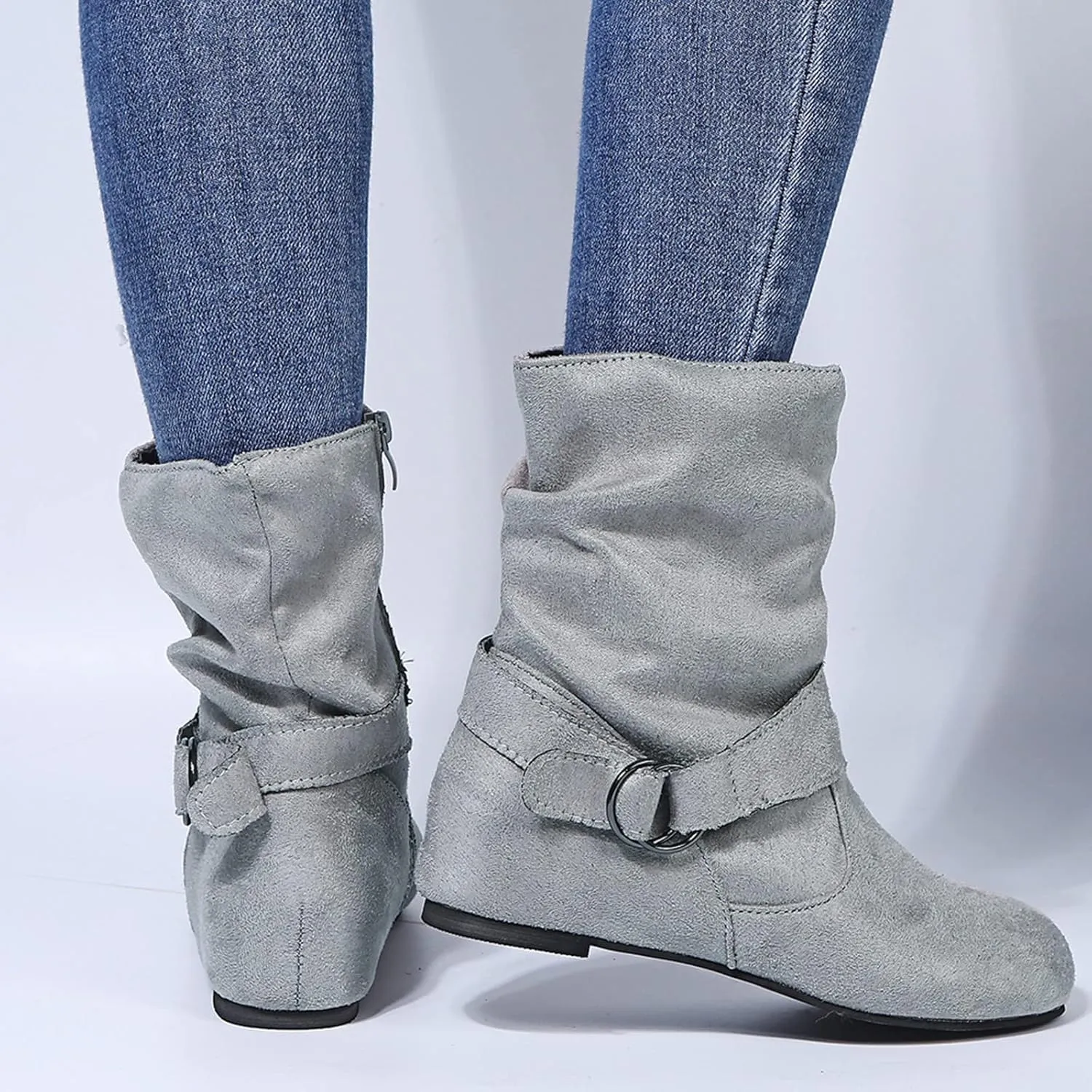 Brand Women's Casual Ankle Boots - Flat Fringe Mid Calf Low Heel Fashion Slouchy Suede Round Toe Slip On Zipper Booties for Winter Fall Dress Short Boots Comfort Outdoor Snow Boots