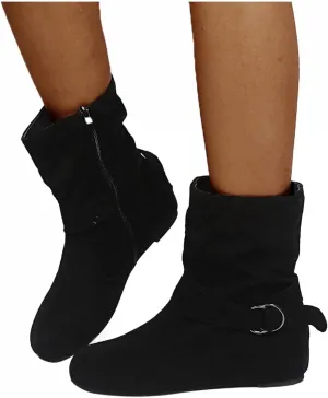 Brand Women's Casual Ankle Boots - Flat Fringe Mid Calf Low Heel Fashion Slouchy Suede Round Toe Slip On Zipper Booties for Winter Fall Dress Short Boots Comfort Outdoor Snow Boots