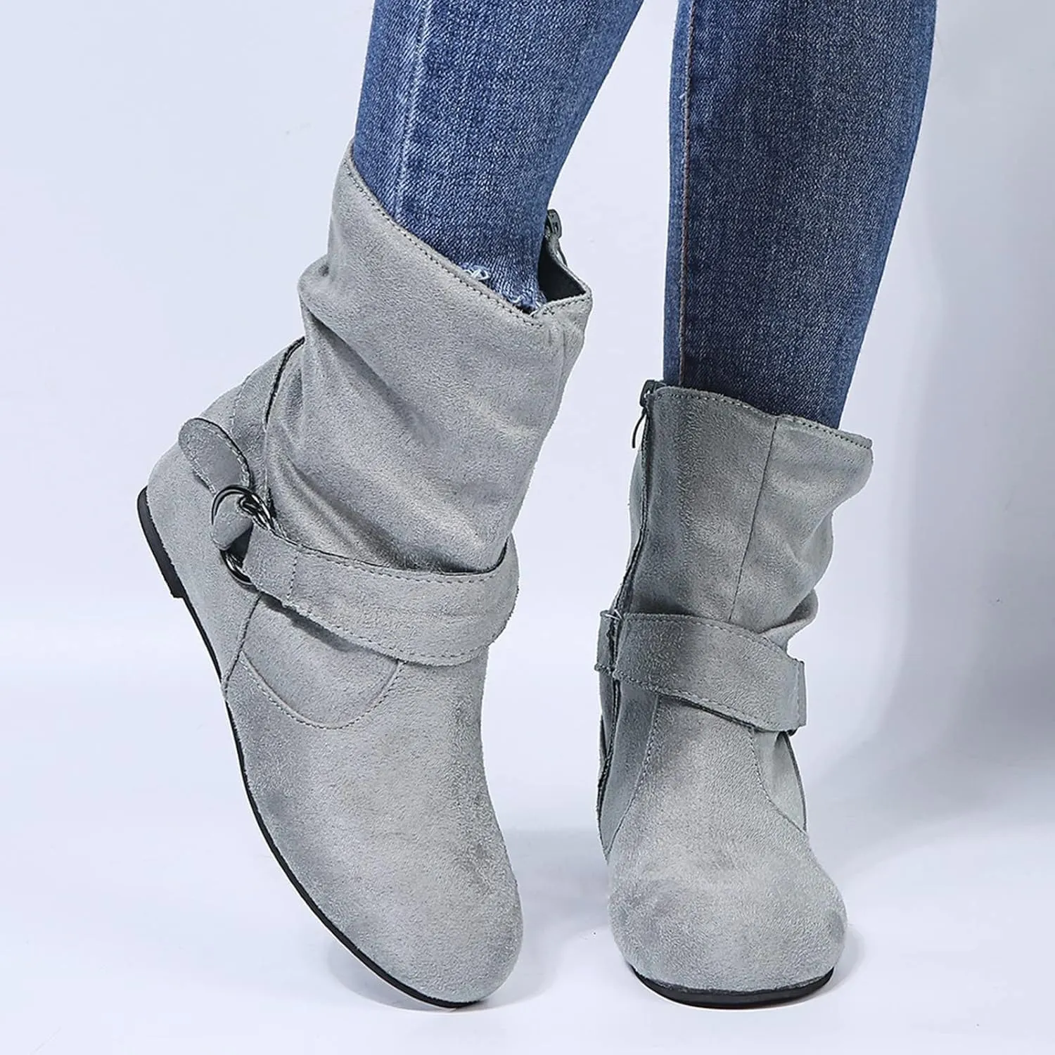 Brand Women's Casual Ankle Boots - Flat Fringe Mid Calf Low Heel Fashion Slouchy Suede Round Toe Slip On Zipper Booties for Winter Fall Dress Short Boots Comfort Outdoor Snow Boots