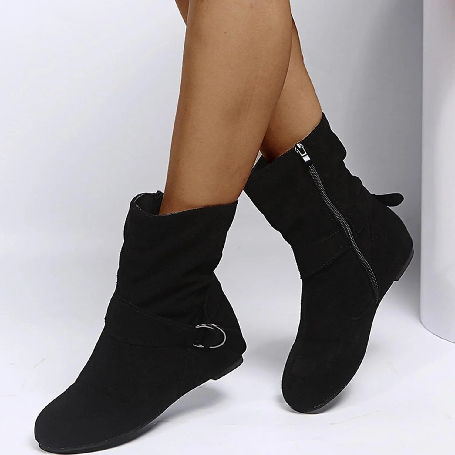 Brand Women's Casual Ankle Boots - Flat Fringe Mid Calf Low Heel Fashion Slouchy Suede Round Toe Slip On Zipper Booties for Winter Fall Dress Short Boots Comfort Outdoor Snow Boots